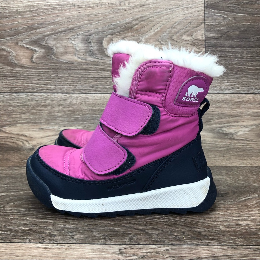 Sorel Whitney Fuzzy Toddler Pink Navy Waterproof Double Strap Snow Boots Size 8